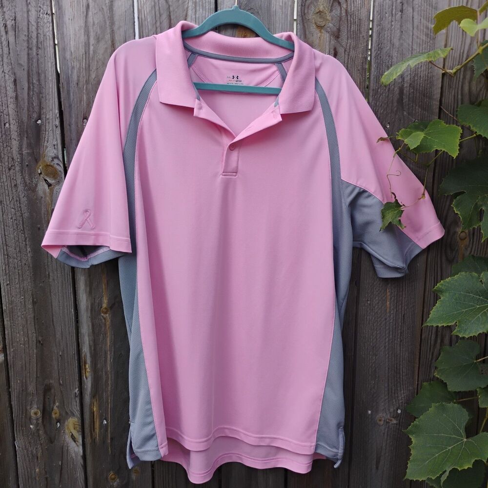 Under Armour Golf Polo Shirt Power In Pink Breast Cancer Ribbon Gray Mens XXL